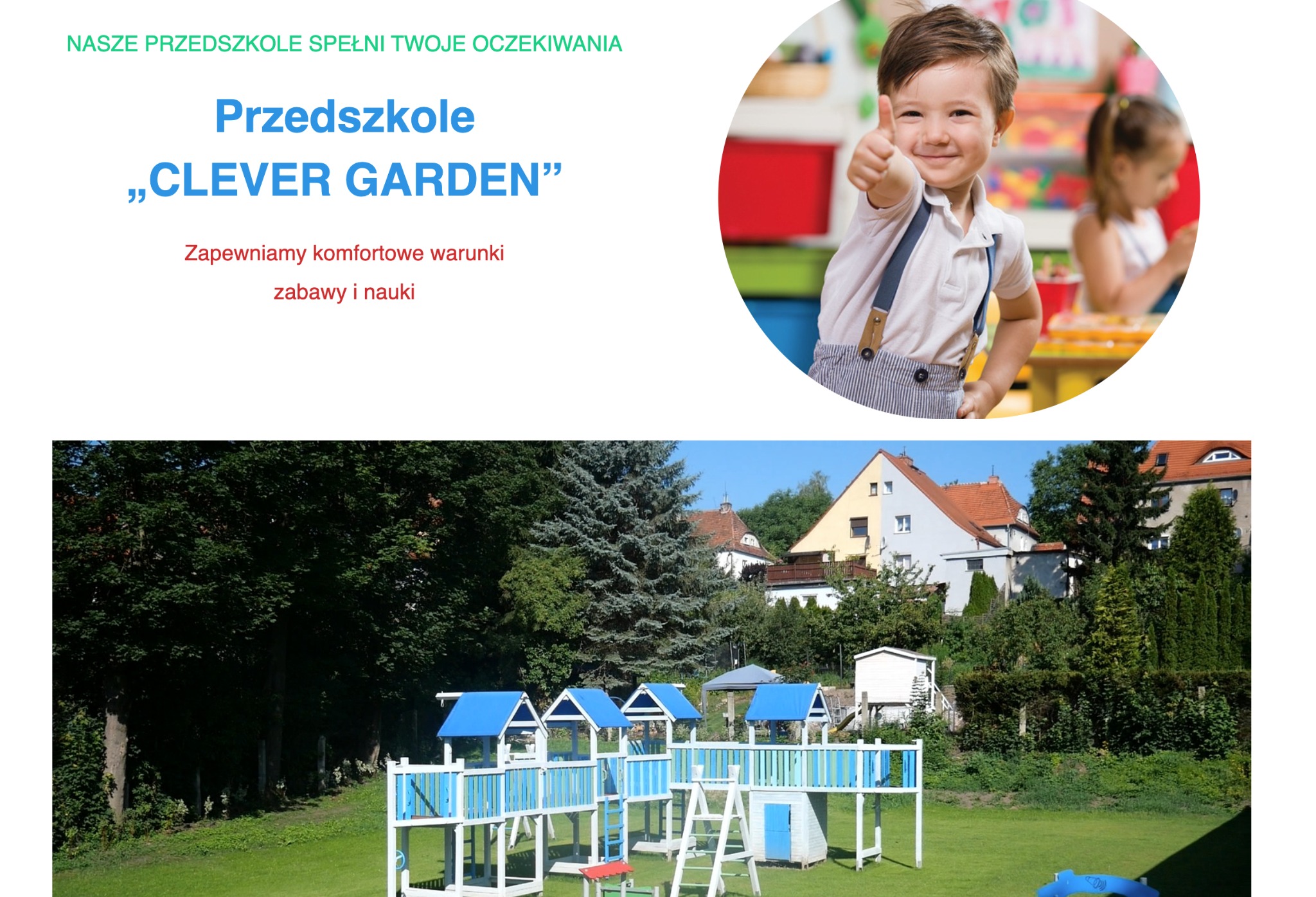 Zdjęcie strony internetowej przedszkola z uśmiechniętym chłopcem pokazującym kciuk w górę na tle sali zabaw i placem zabaw z niebieskimi akcentami.