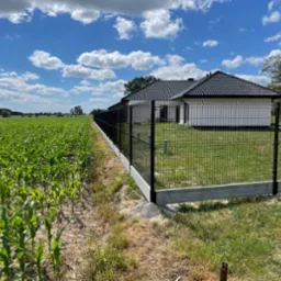 Nowoczesne, czarne ogrodzenie panelowe z podmurówką betonową, oddzielające uprawę kukurydzy od trawnika przy białym domu z ciemnym dachem na tle błękitnego nieba z chmurami.