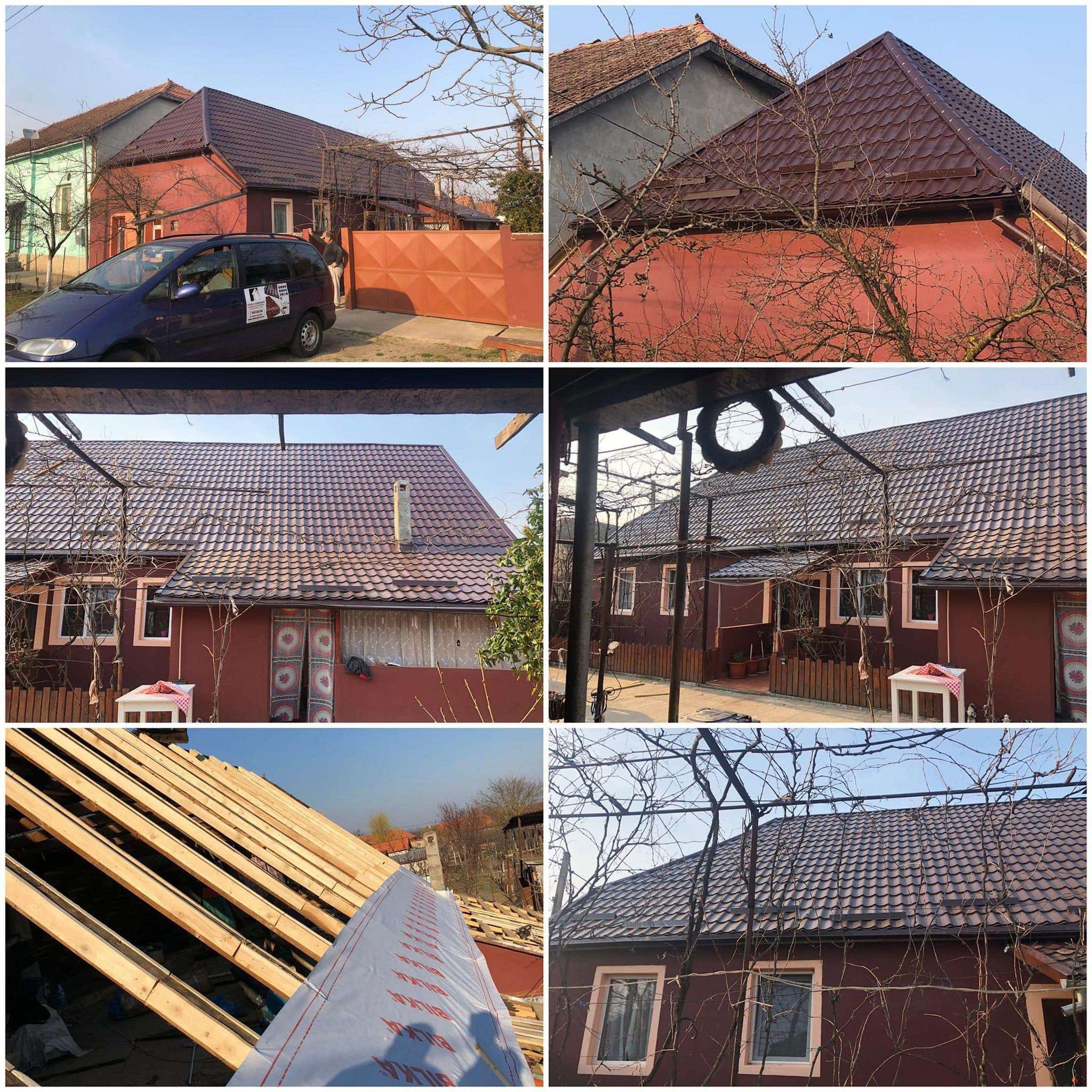 Kompozycja zdjęć ukazująca etapy wymiany dachu na brązowy, blaszany. Widoczne krokwie, nowy dach na budynku z czerwonymi ścianami i metalową konstrukcją.