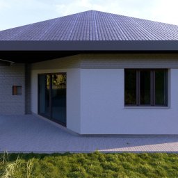 EK PROJEKT EWELINA KRAMARZ - Wizualizacja nowoczesnego domu jednorodzinnego z szarej cegły i białego tynku, z płaskim dachem krytym szarą dachówką, otoczonego trawnikiem i zielenią.