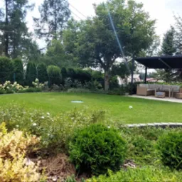 Pełen zieleni ogród z równo przystrzyżonym trawnikiem, rabatami kwiatowymi i krzewami, zadaszoną strefą relaksu z meblami ogrodowymi w tle.