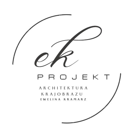 Logo firmy projektującej architekturę krajobrazu, z inicjałami 'ek' w ozdobnej czcionce, napisem 'Projekt' i nazwą 'Architektura Krajobrazu Ewelina Kramarz', całość otoczona niedomkniętym okręgiem.