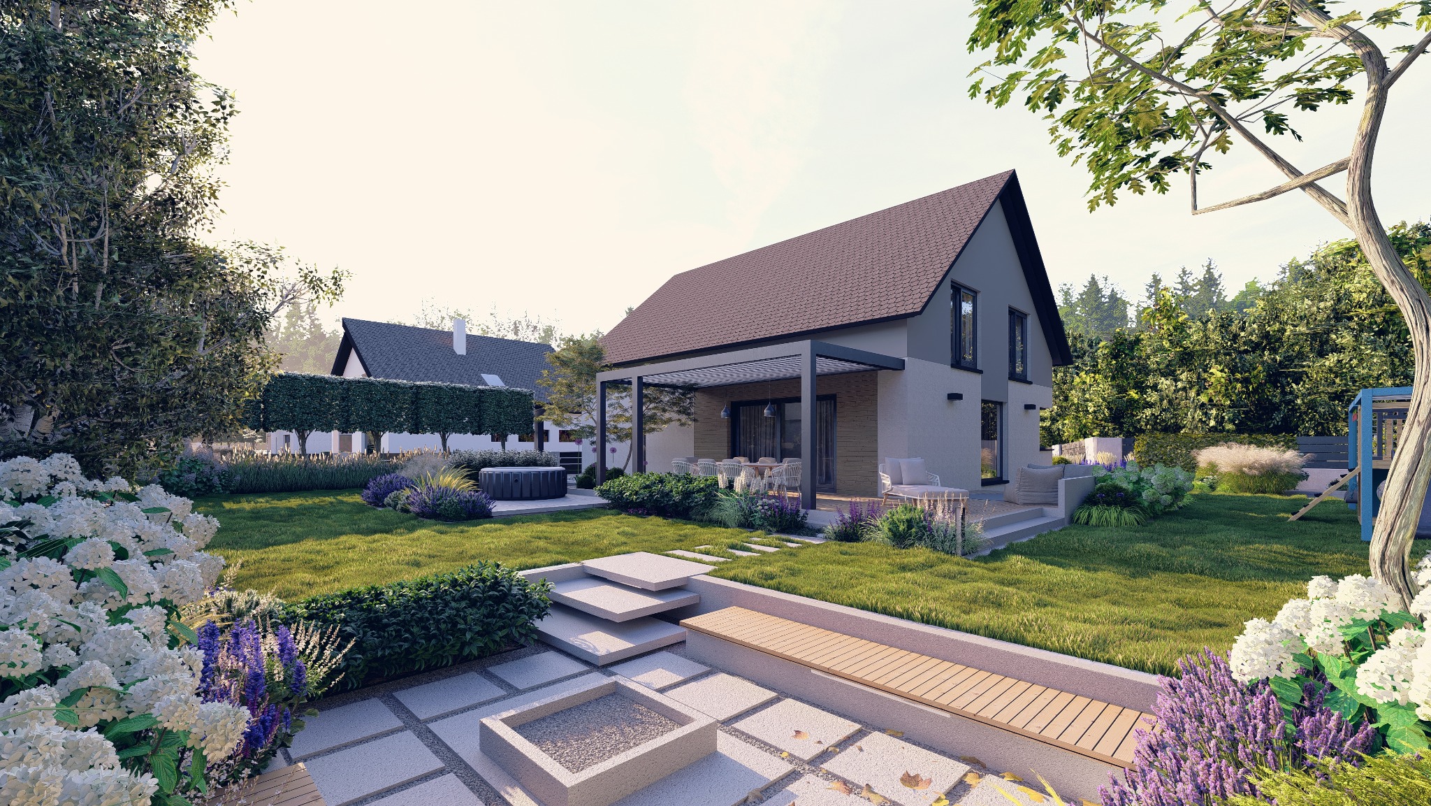 Wizualizacja ogrodu z nowoczesnym domem, pergolą nad tarasem, jacuzzi, betonowym paleniskiem i schodami, oraz bujną roślinnością w odcieniach zieleni, bieli i fioletu.