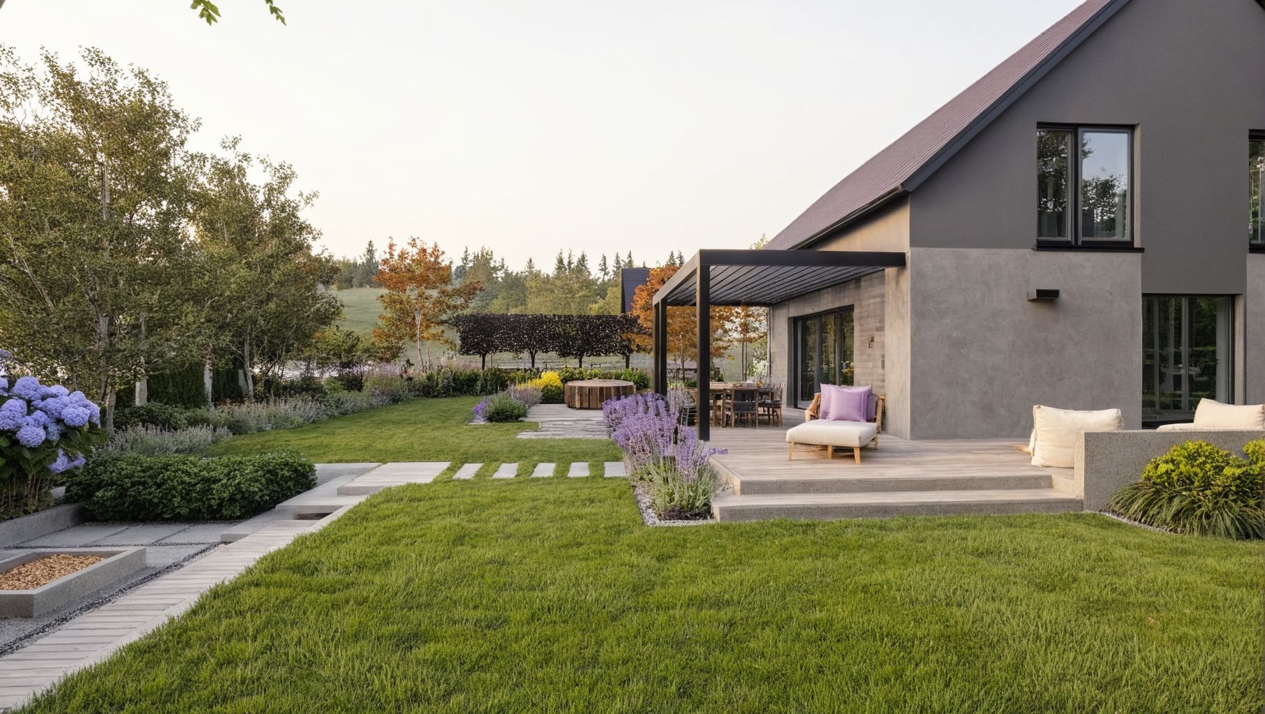 Nowoczesny ogród z minimalistycznym tarasem, drewnianą pergolą, ścieżką z płyt betonowych, kwitnącą lawendą i hortensjami oraz eleganckim domem w tle.
