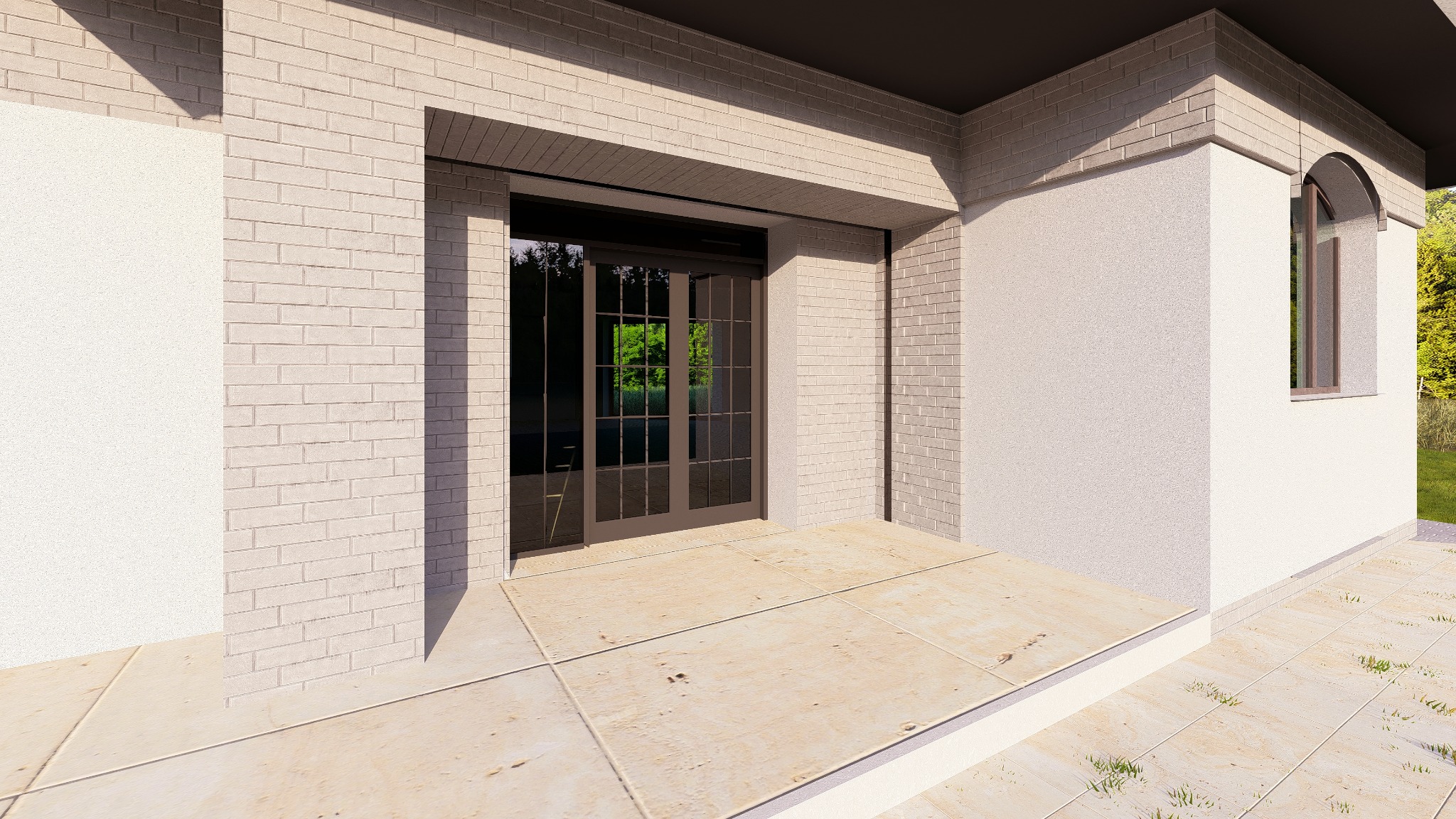 Elewacja domu z jasnej cegły z ciemnobrązowymi drzwiami balkonowymi i małym oknem. Widoczny fragment tarasu z jasnych płyt.