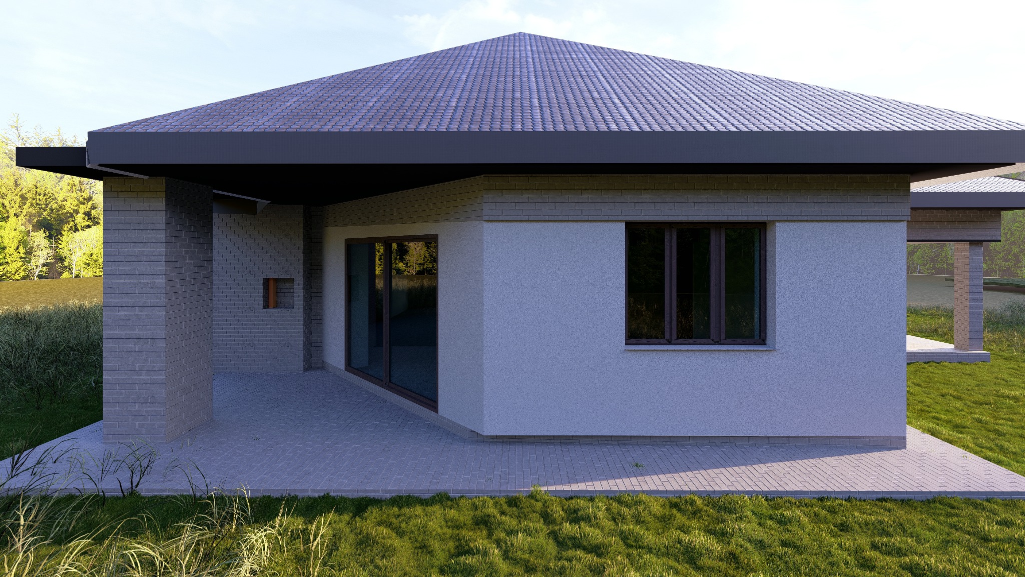 Wizualizacja nowoczesnego domu jednorodzinnego z szarej cegły i białego tynku, z płaskim dachem krytym szarą dachówką, otoczonego trawnikiem i zielenią.