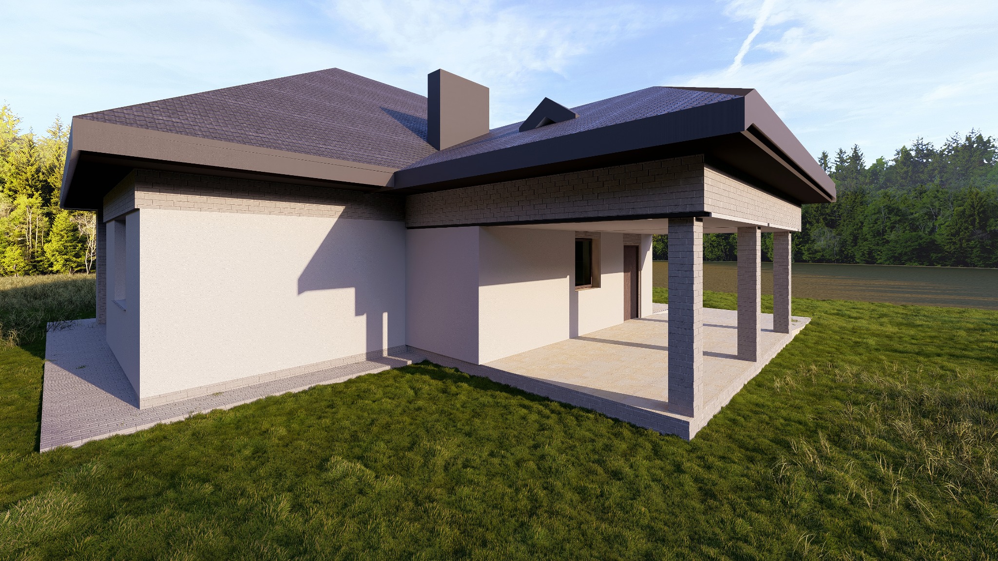 Wizualizacja domu jednorodzinnego z tarasem, widok z zewnątrz na zielony trawnik i las w tle, nowoczesna architektura z elementami cegły i grafitowym dachem.