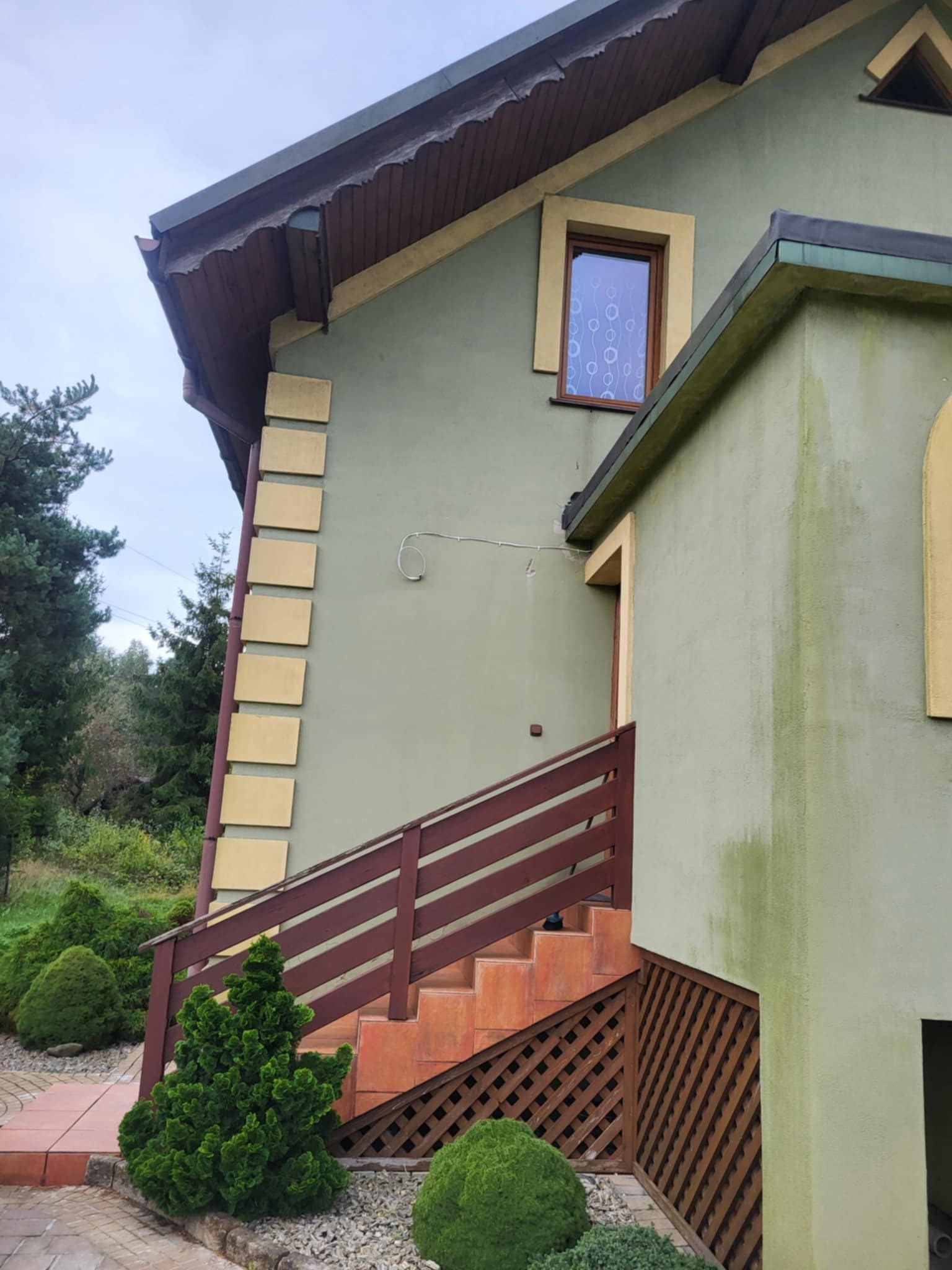 Jasnozielony dom z brązowymi akcentami, widoczne schody wejściowe i fragment ogrodu. Elewacja z dekoracyjnymi, żółtymi elementami. Widoczne ślady zabrudzeń na ścianie.