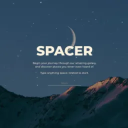 Grafika strony internetowej z motywem kosmicznym, przedstawiająca górski krajobraz pod rozgwieżdżonym niebem i sierpem księżyca, z napisem 'SPACER' i hasłem zachęcającym do odkrywania galaktyki.