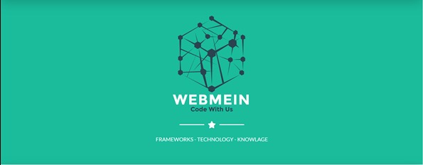 Logo firmy Webmein z hasłem 'Code With Us', przedstawiające abstrakcyjny sześcian z połączonych kropek na turkusowym tle.