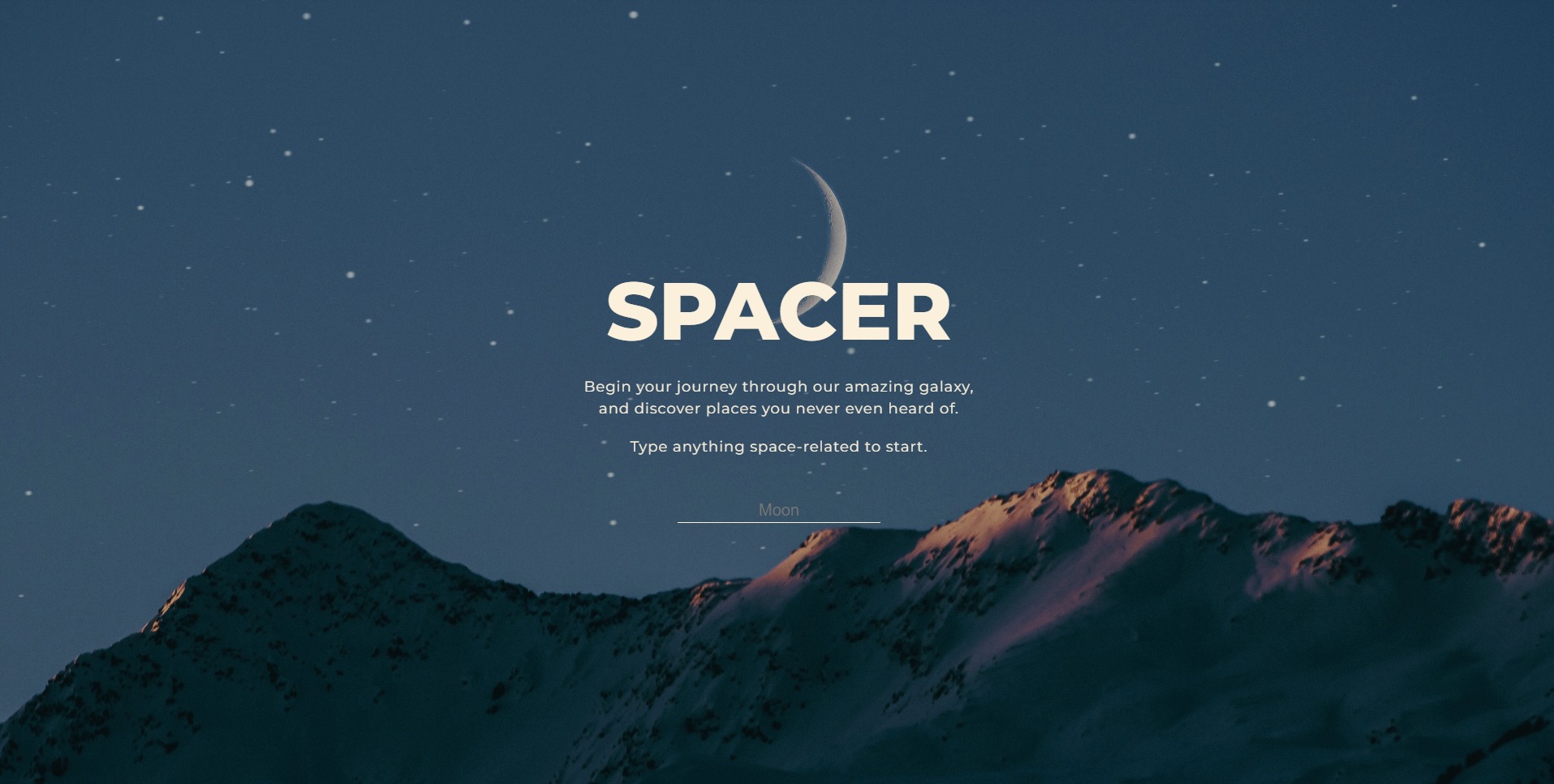 Grafika strony internetowej z motywem kosmicznym, przedstawiająca górski krajobraz pod rozgwieżdżonym niebem i sierpem księżyca, z napisem 'SPACER' i hasłem zachęcającym do odkrywania galaktyki.