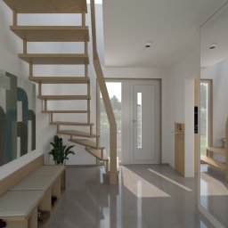 Nowoczesny hol z drewnianymi schodami, ławką z siedziskiem i abstrakcyjnym obrazem na ścianie. Minimalistyczny design, jasne kolory, duże lustro.