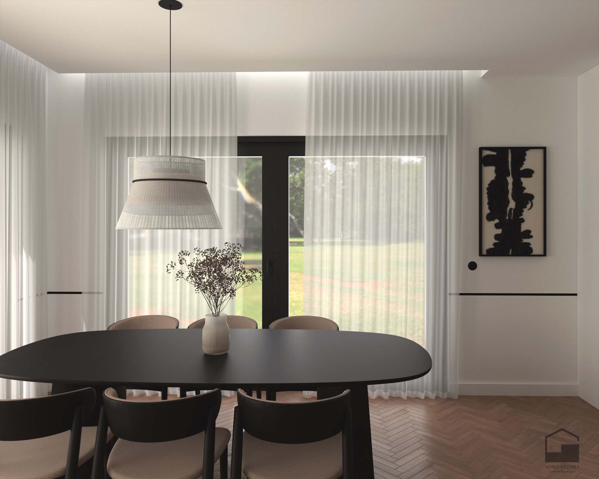 Elegancka jadalnia z owalnym, czarnym stołem, krzesłami w odcieniach beżu i czerni, oraz designerską lampą. W tle okno z białymi zasłonami i abstrakcyjny obraz na ścianie.