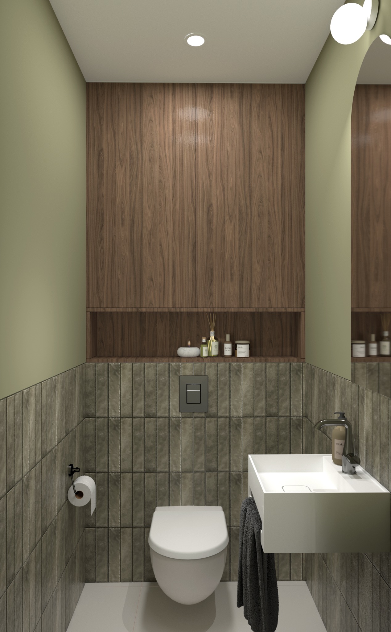 Nowoczesna toaleta: wisząca misa WC, umywalka nablatowa, drewniana szafka nad strefą WC, szaro-zielone płytki imitujące kamień, minimalistyczny design.