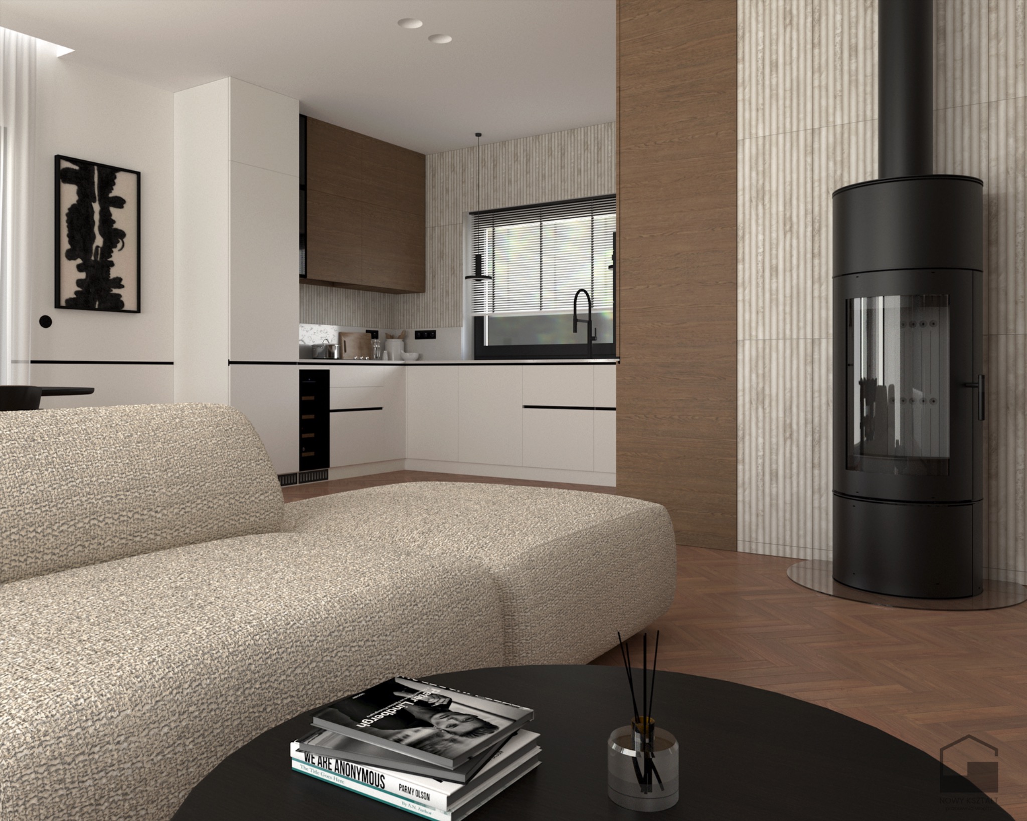Wnętrze salonu z otwartą kuchnią, beżowa sofa, czarny stolik kawowy z książkami, nowoczesny piec wolnostojący, parkiet w jodełkę, minimalistyczny design.