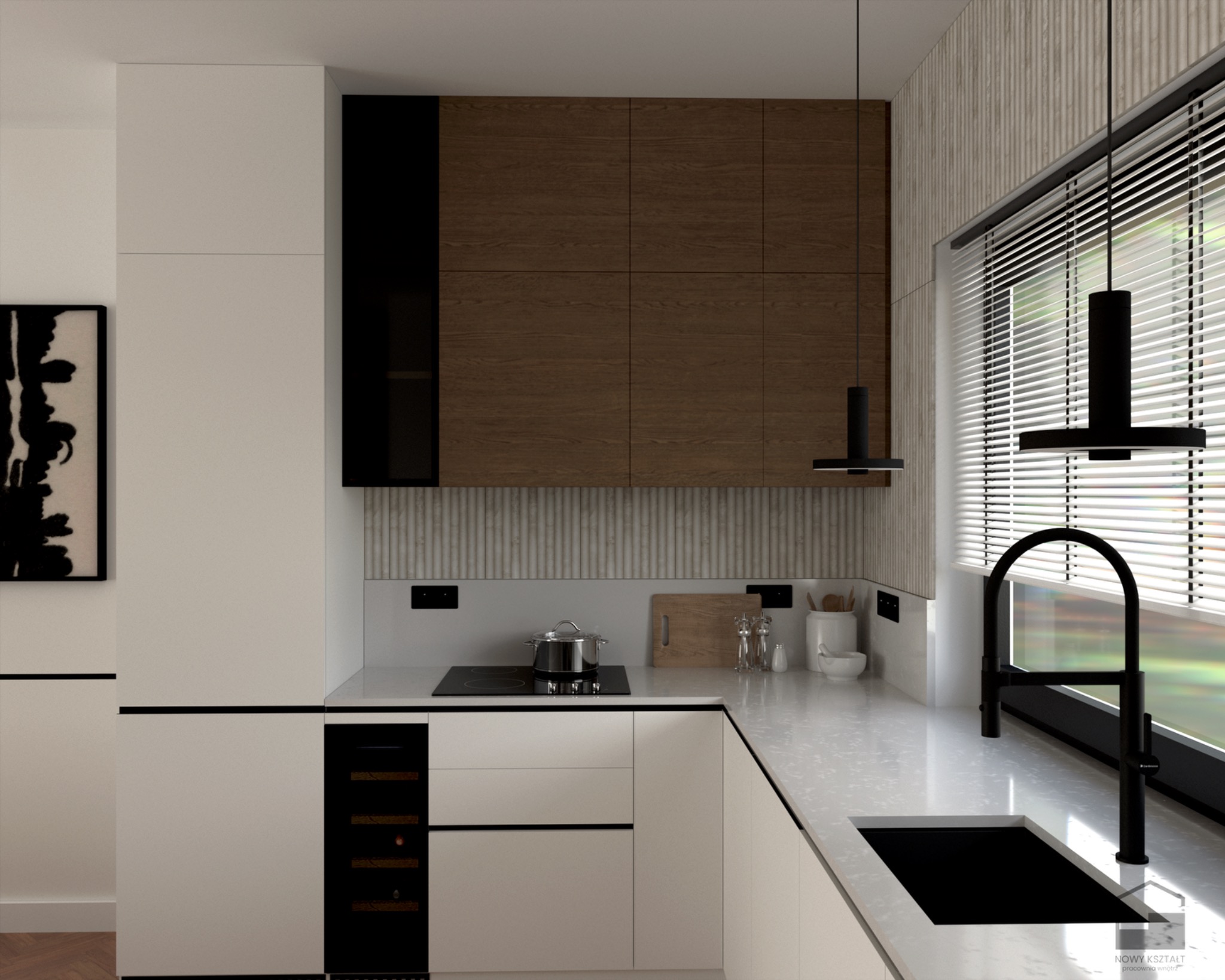 Nowoczesna kuchnia z drewnianymi szafkami, czarnymi akcentami i minimalistycznym oświetleniem. Na blacie kuchennym widoczny zlew i płyta indukcyjna.