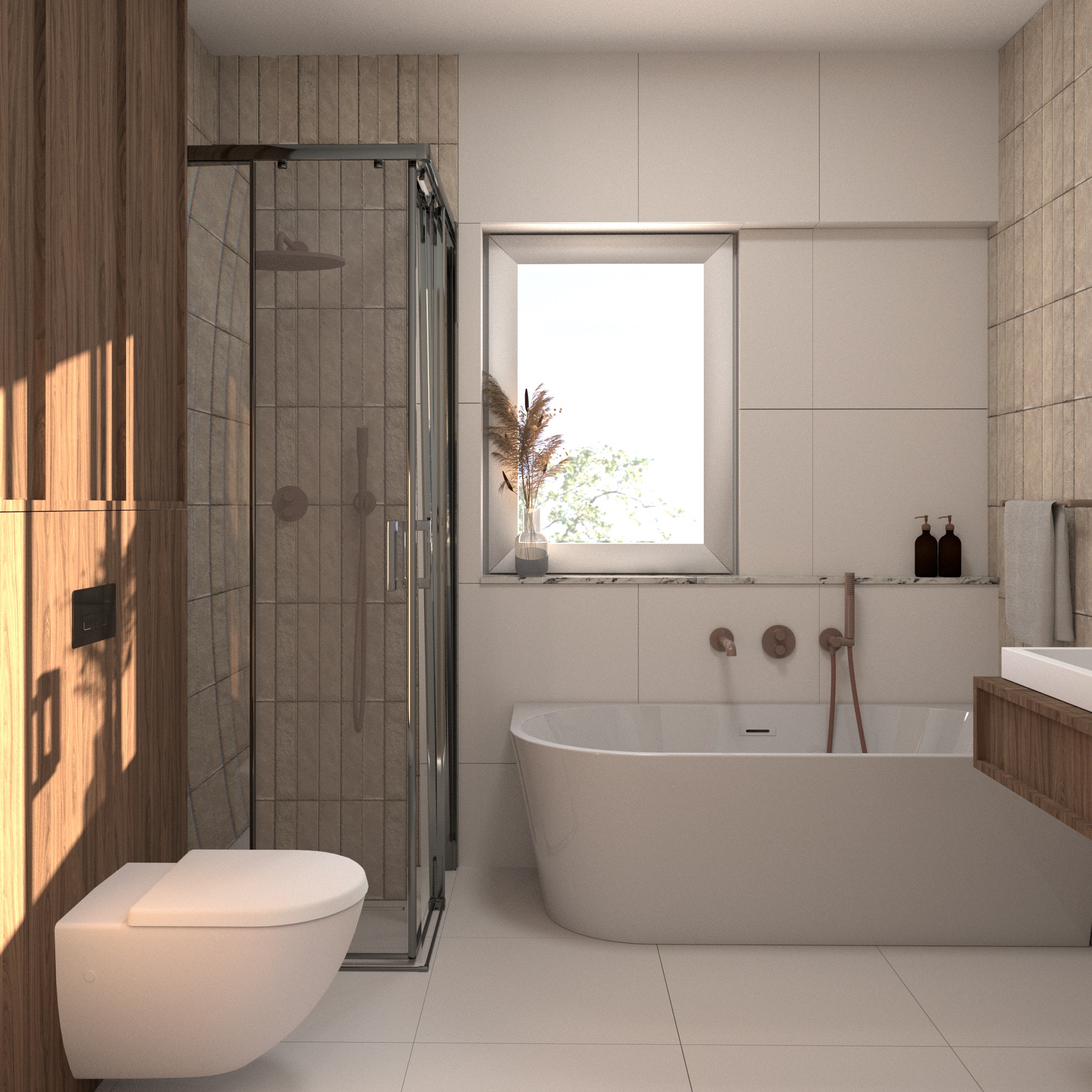 Nowoczesna łazienka z kabiną prysznicową, wolnostojącą wanną i drewnianymi akcentami. Minimalistyczny design, jasne płytki, okno z widokiem na zieleń.