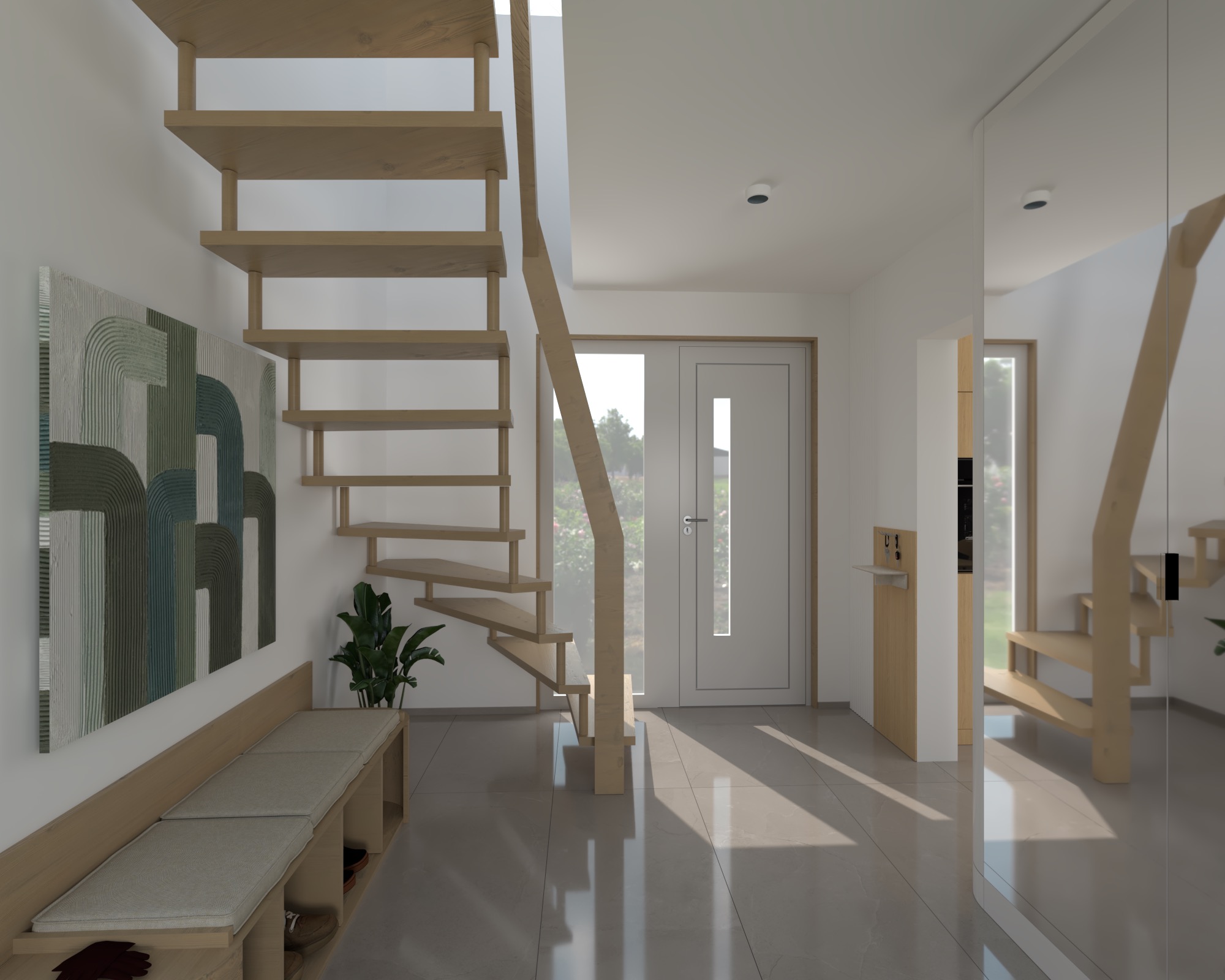 Nowoczesny hol z drewnianymi schodami, ławką z siedziskiem i abstrakcyjnym obrazem na ścianie. Minimalistyczny design, jasne kolory, duże lustro.