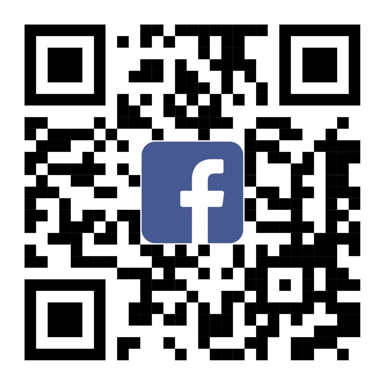 Kod QR z logo Facebooka na środku, białe tło, czarne kwadraty tworzące kod.