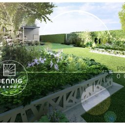 PRZEMYSŁAW BENNIG OGRODY - Wizualizacja ogrodu z geometrycznymi rabatami, zielonym trawnikiem i nowoczesną architekturą. Logo firmy wkomponowane w kompozycję roślinną.