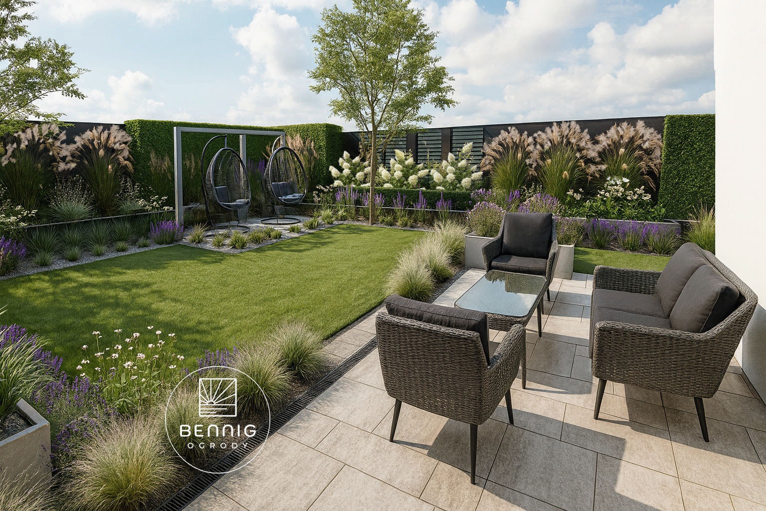 Nowoczesny ogród z meblami wypoczynkowymi, wiszącymi fotelami i ozdobnymi trawami. Starannie zaprojektowana przestrzeń z elementami zieleni i elegancji.