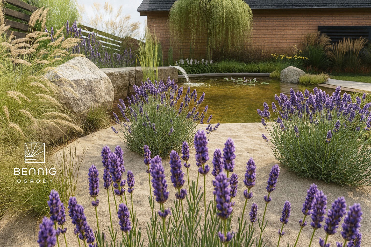 Ogród z oczkiem wodnym, lawendą i ozdobnymi trawami. W tle ceglany budynek z płaczącą wierzbą. Projekt ogrodu w stylu naturalnym z elementami nowoczesnymi.