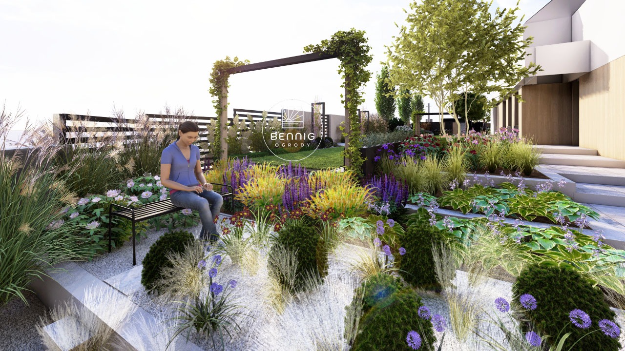 Wizualizacja ogrodu z pergolą, rabatami kwiatowymi i siedzącą kobietą na ławce. Widoczny budynek w tle i logo 'Bennig Ogrody' na pergoli.