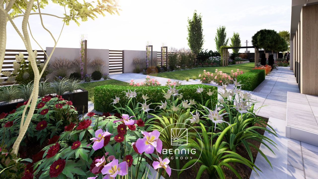 Wizualizacja ogrodu z kwitnącymi rabatami, równo przystrzyżonym trawnikiem i nowoczesnym ogrodzeniem. Widoczne różnorodne rośliny i elementy małej architektury.