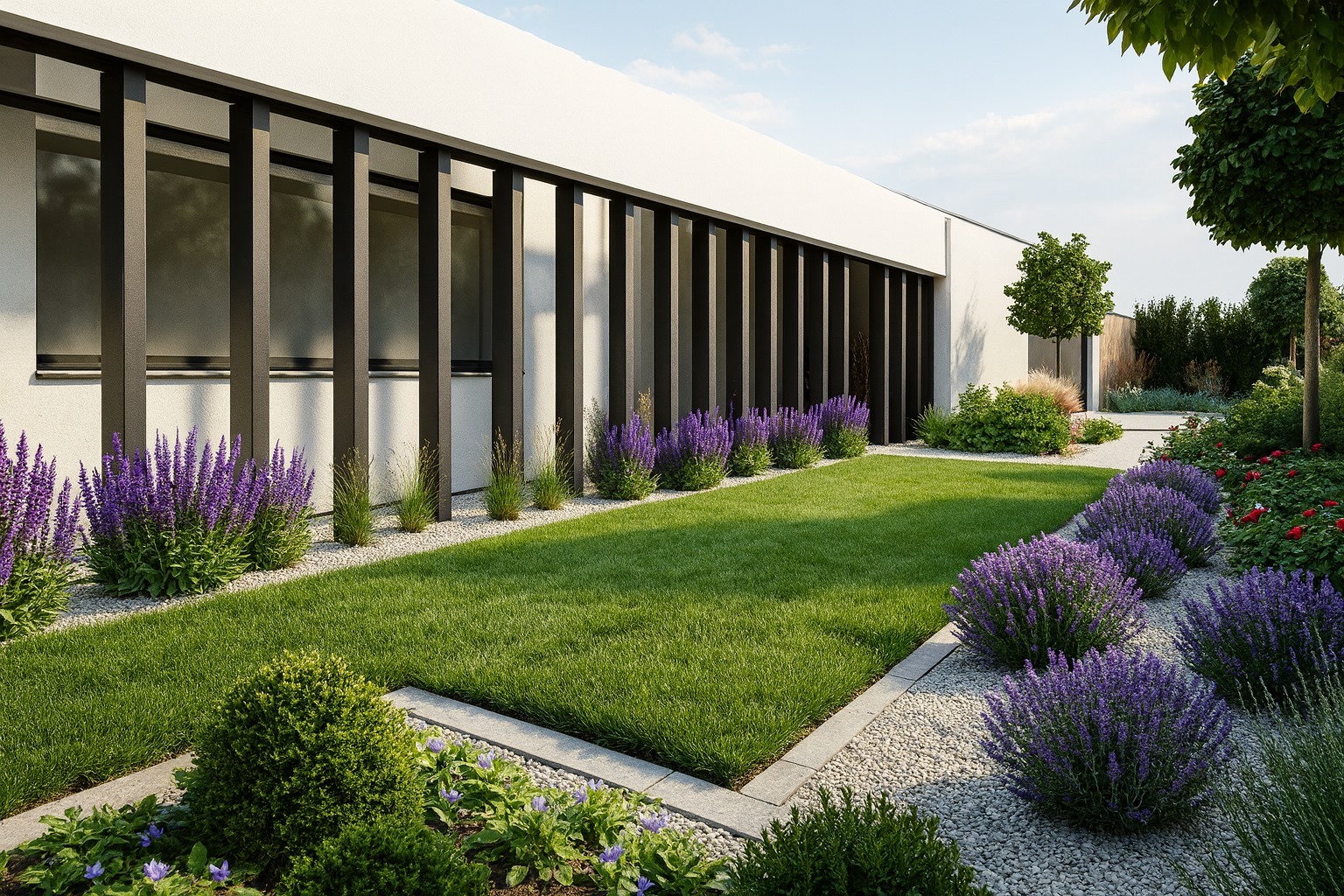 Nowoczesny ogród z równo przystrzyżonym trawnikiem, obrzeżami z kamienia i rabatami z fioletowych kwiatów, przylegający do białego budynku z czarnymi elementami.