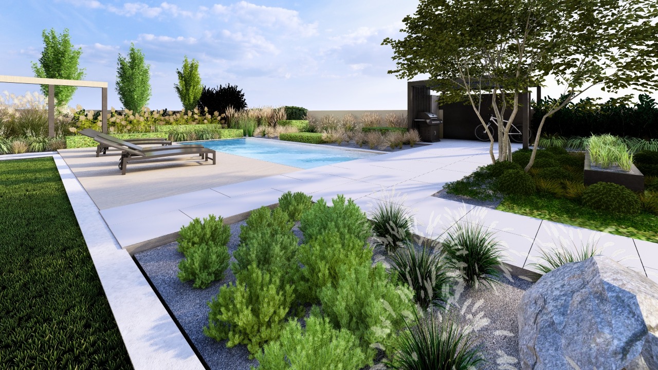 Nowoczesny ogród z basenem, leżakami i minimalistyczną altaną. Starannie zaprojektowane rabaty z ozdobnymi trawami i krzewami. Widok na zadbany trawnik i błękitne niebo.
