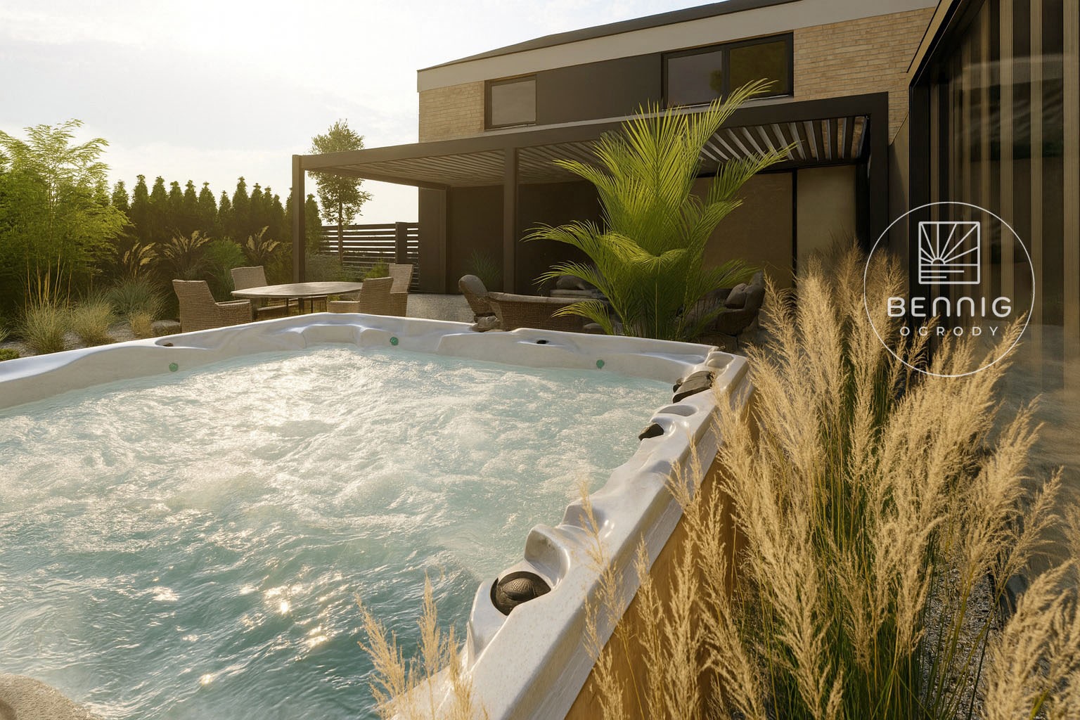 Nowoczesny ogród z jacuzzi, pergola i ozdobne trawy w promieniach słońca. Logo firmy Bennig Ogrody w prawym rogu. Architektura krajobrazu.