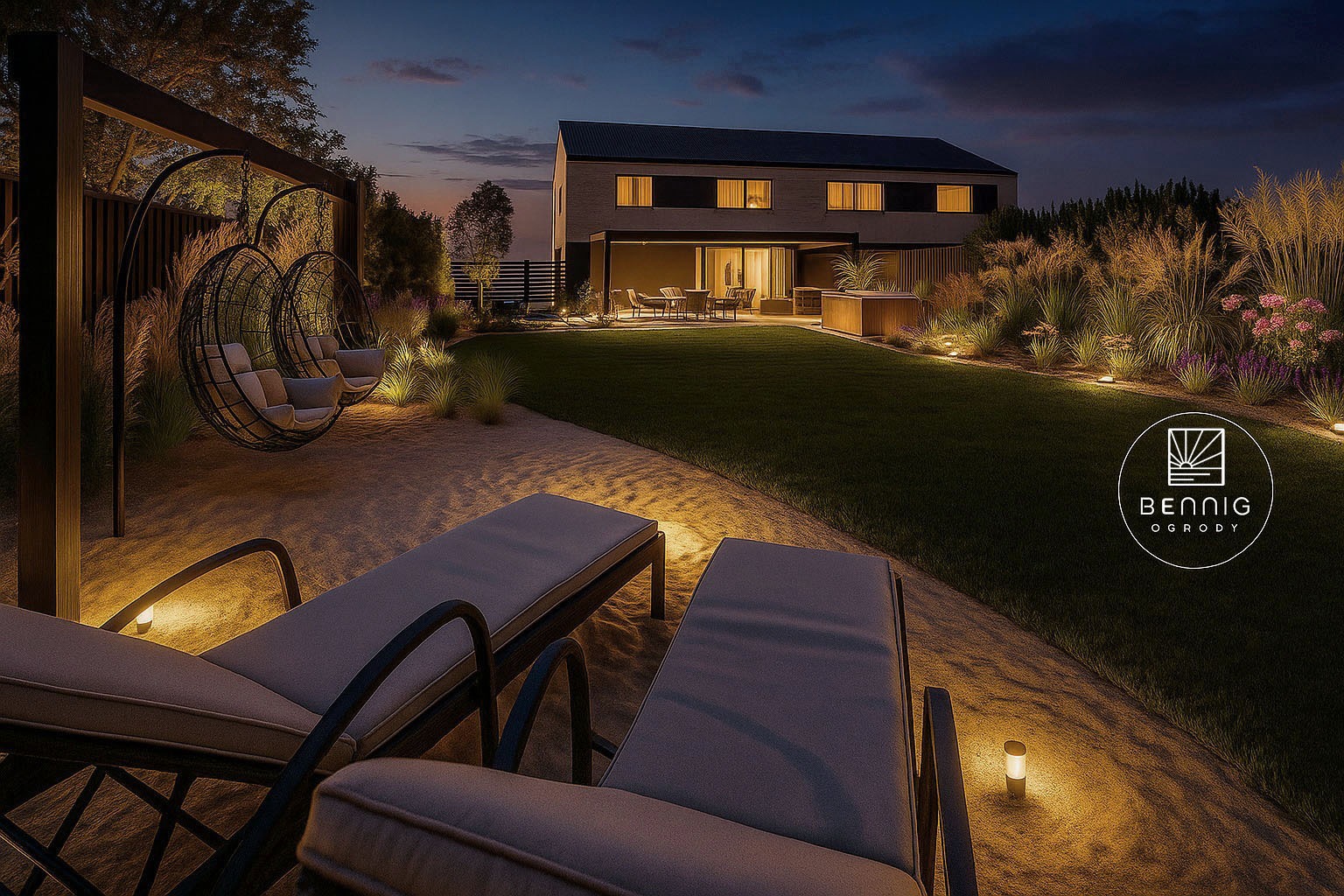 Oświetlony ogród po zmroku z leżakami, wiszącymi fotelami i ozdobnymi trawami. Widoczny budynek w tle. Ciepłe światło lamp podkreśla aranżację.