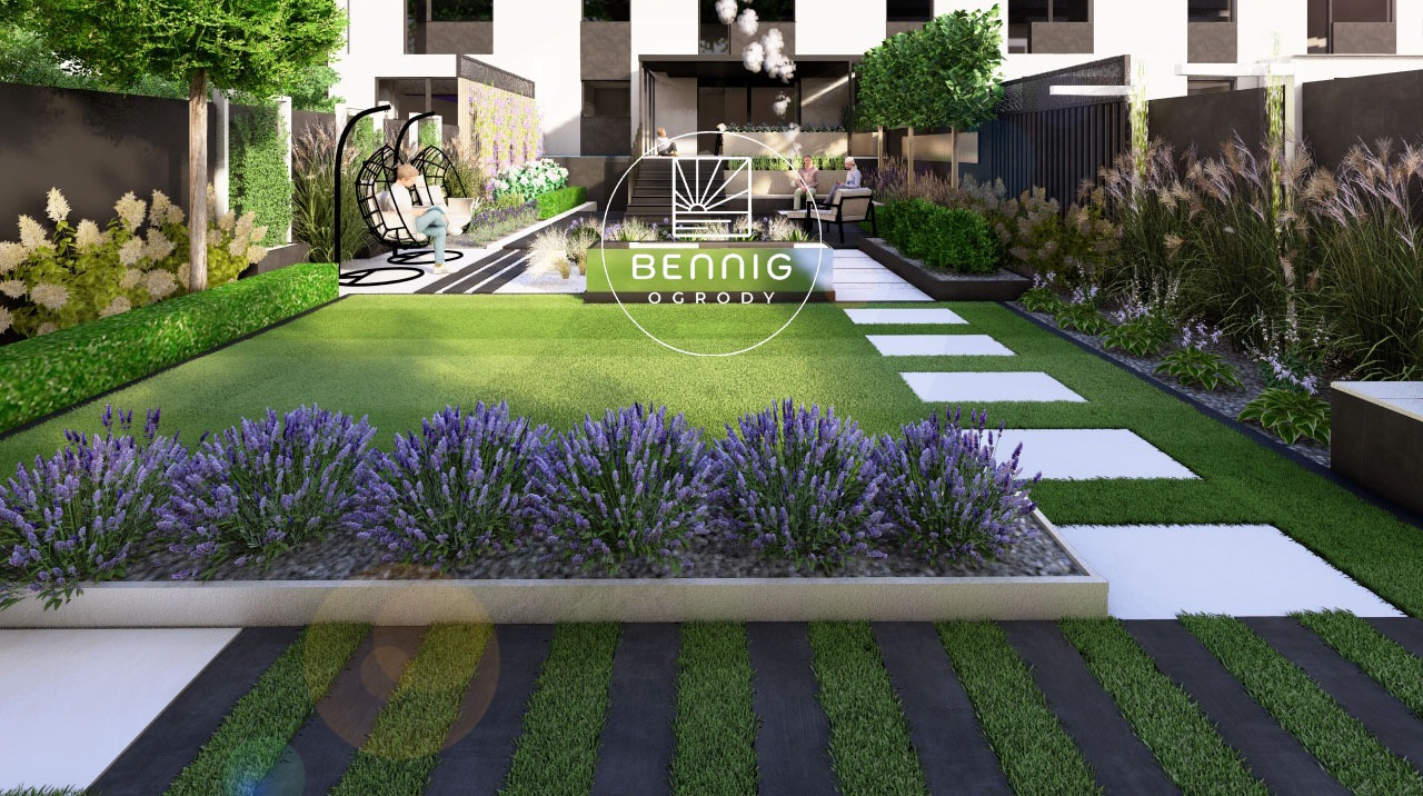 Wizualizacja ogrodu z równo przystrzyżonym trawnikiem, kwitnącą lawendą, ścieżką z płyt i wiszącym fotelem. W tle budynek z tarasem i siedzącymi osobami.
