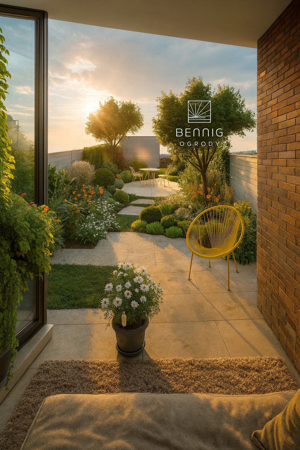 Nowoczesny ogród na dachu z żółtym krzesłem, kwitnącymi roślinami i kamienną ścieżką oświetlony ciepłym światłem zachodzącego słońca. Logo firmy Bennig Ogrody.