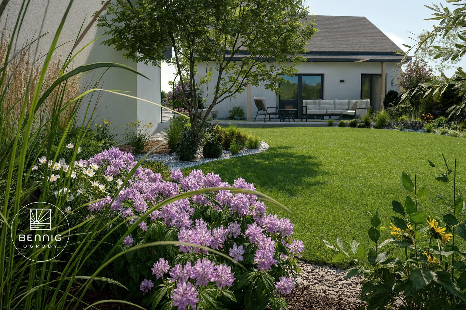 Nowoczesny ogród z równo przystrzyżonym trawnikiem, rabatami kwiatowymi i drzewem dającym cień. W tle minimalistyczny dom z tarasem i meblami ogrodowymi.