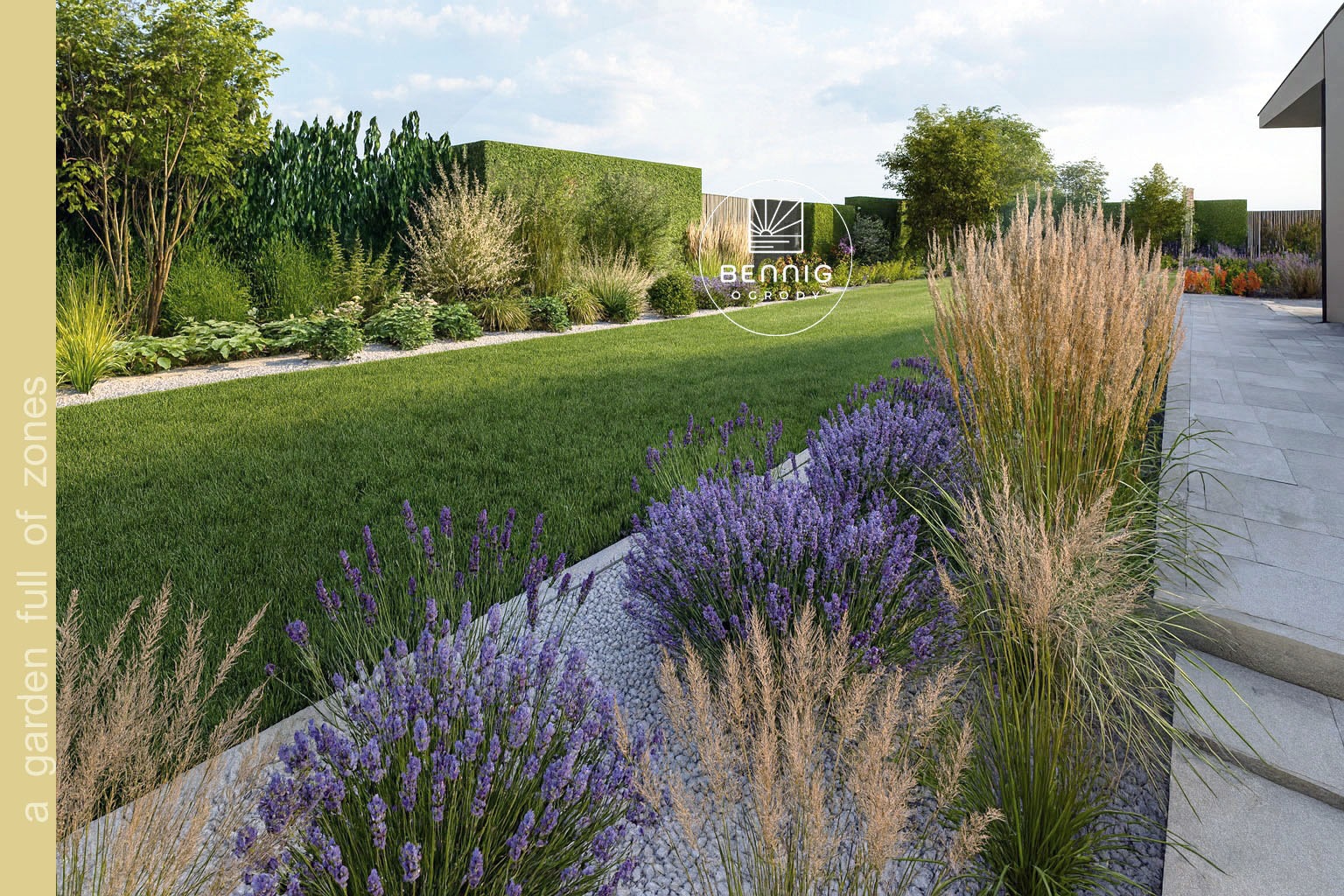 Nowoczesny ogród z równo przystrzyżonym trawnikiem, lawendą i ozdobnymi trawami. Minimalistyczny design z geometrycznymi żywopłotami i kamiennymi ścieżkami.