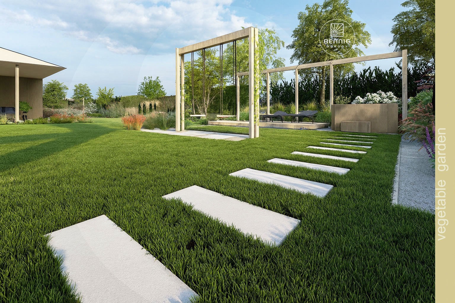 Nowoczesny ogród z huśtawką, ścieżką z płyt i minimalistyczną architekturą. Bujna zieleń trawnika i starannie dobrane rośliny tworzą harmonijną przestrzeń.