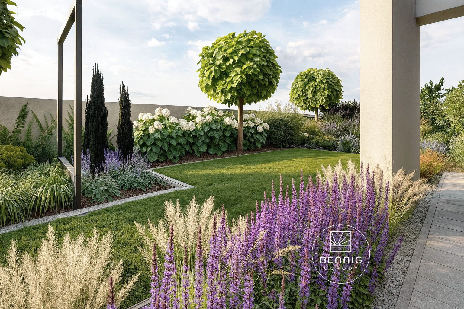Nowoczesny ogród w Międzychodzie z kulistymi drzewami, kwitnącymi bylinami i geometrycznymi rabatami. Minimalistyczny design z elementami architektury.