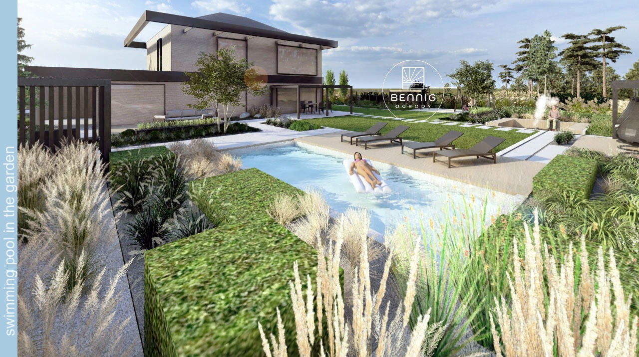 Wizualizacja ogrodu z basenem i nowoczesnym domem. Osoba na materacu w wodzie, leżaki, trawa, ozdobne trawy i krzewy. Projekt ogrodu z elementami architektury.