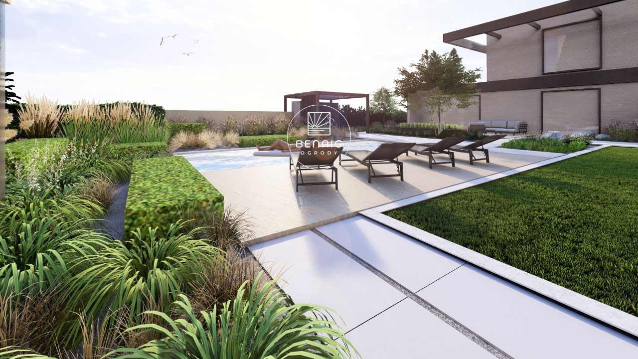 Nowoczesny ogród z basenem i leżakami, starannie zaprojektowane rabaty z trawami ozdobnymi i geometrycznie uformowanymi krzewami, minimalistyczna architektura budynku w tle.