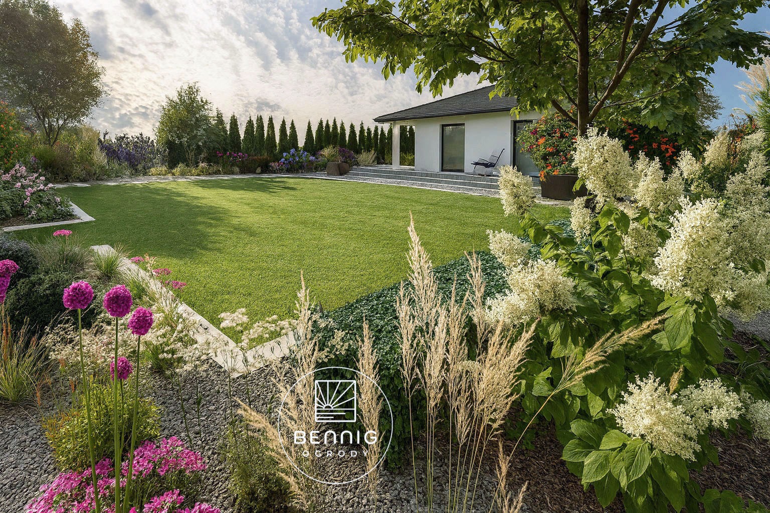 Nowoczesny ogród z równo przystrzyżonym trawnikiem, rabatami kwiatowymi i minimalistycznym domem w tle. Widoczne ozdobne trawy i kuliste kwiaty.
