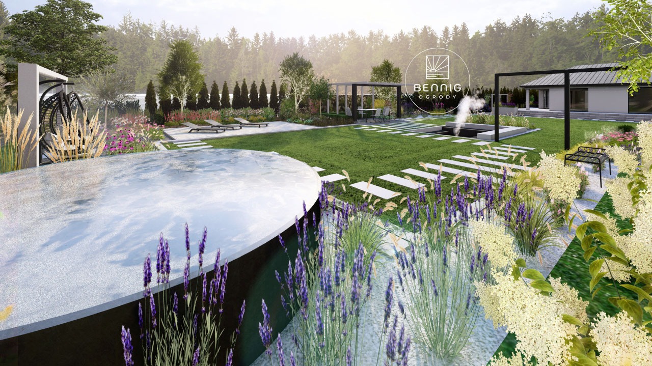 Wizualizacja ogrodu z jacuzzi, ścieżką z płyt, stawem z fontanną i pergolą. W tle dom i drzewa. Uwagę przykuwają kwitnące lawendy i trawy ozdobne.