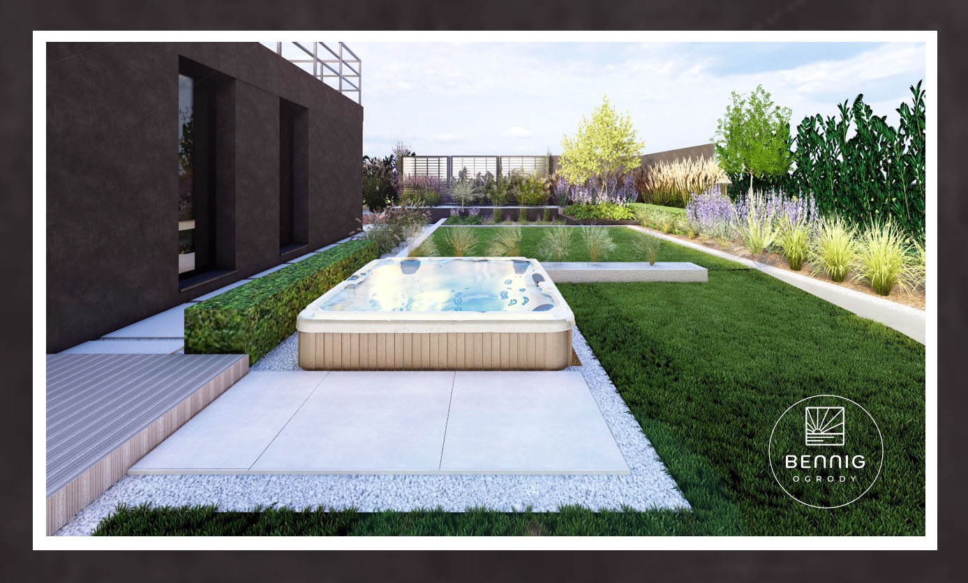 Nowoczesny ogród z jacuzzi, minimalistyczna architektura, trawnik, rośliny ozdobne i białe kamienie. Projekt ogrodu z dbałością o detale.