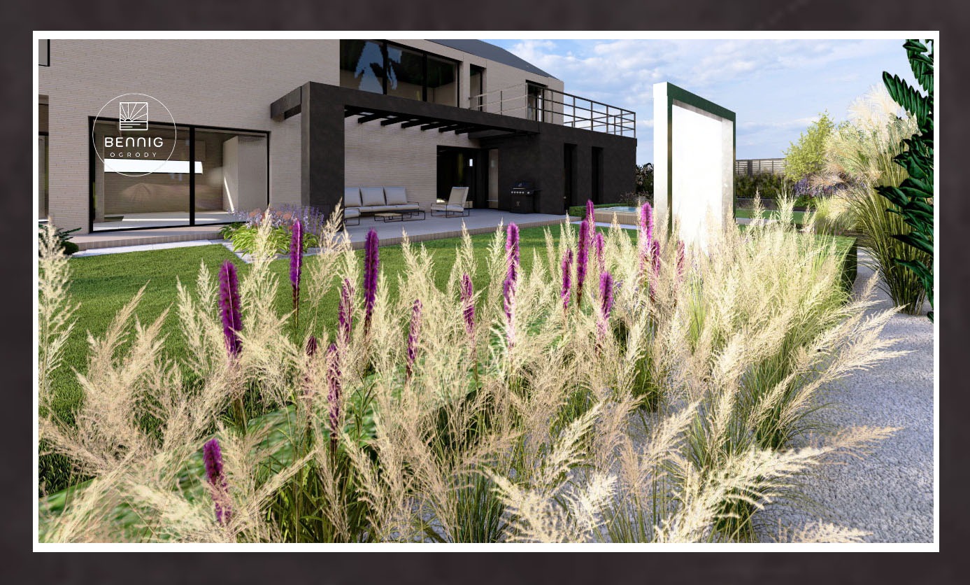 Wizualizacja ogrodu z ozdobnymi trawami i fioletowymi kwiatami na tle nowoczesnego domu z tarasem i białym panelem. Widoczny trawnik i żwirowa ścieżka.
