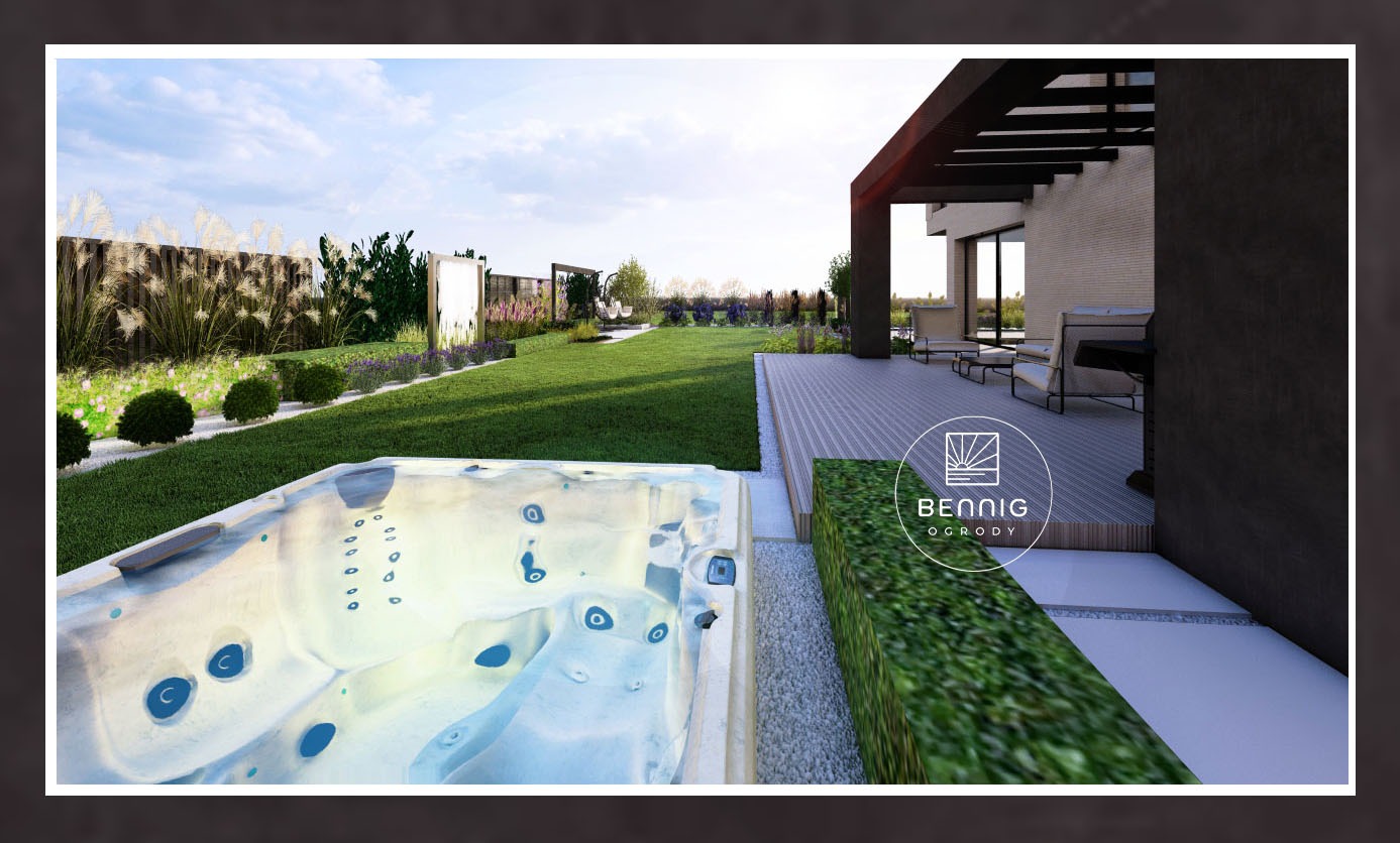 Wizualizacja ogrodu z jacuzzi, tarasem i pergolą. Bujna zieleń, nowoczesny design. Logo firmy ogrodniczej w prawym dolnym rogu. Ujęcie z perspektywy jacuzzi.