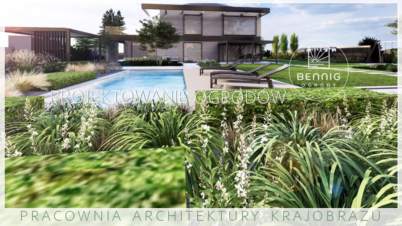 Wizualizacja ogrodu z basenem i nowoczesnym domem. Bujna roślinność, leżaki przy basenie, pergola. Logo firmy w prawym górnym rogu. Architektura krajobrazu.