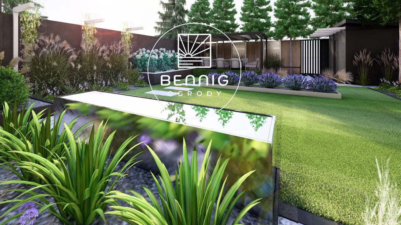 Nowoczesny ogród z lustrzanym oczkiem wodnym, trawą, lawendą i pergolą. Minimalistyczny design z ciemnymi elementami i jasnymi akcentami roślinnymi.