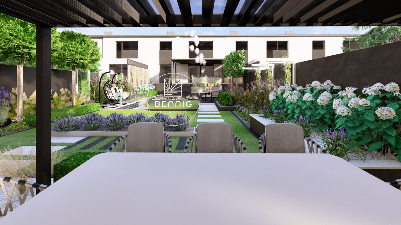 Wizualizacja ogrodu z pergolą, kwitnącą lawendą i białymi hortensjami. W tle nowoczesny dom i huśtawka. Widok z perspektywy stołu.