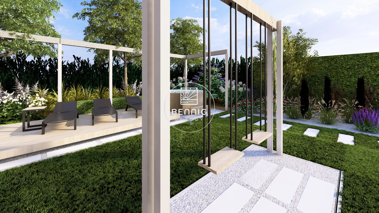 Wizualizacja ogrodu z huśtawką, jacuzzi i leżakami na podeście. Nowoczesny design z zielenią, kamiennymi ścieżkami i minimalistyczną architekturą.