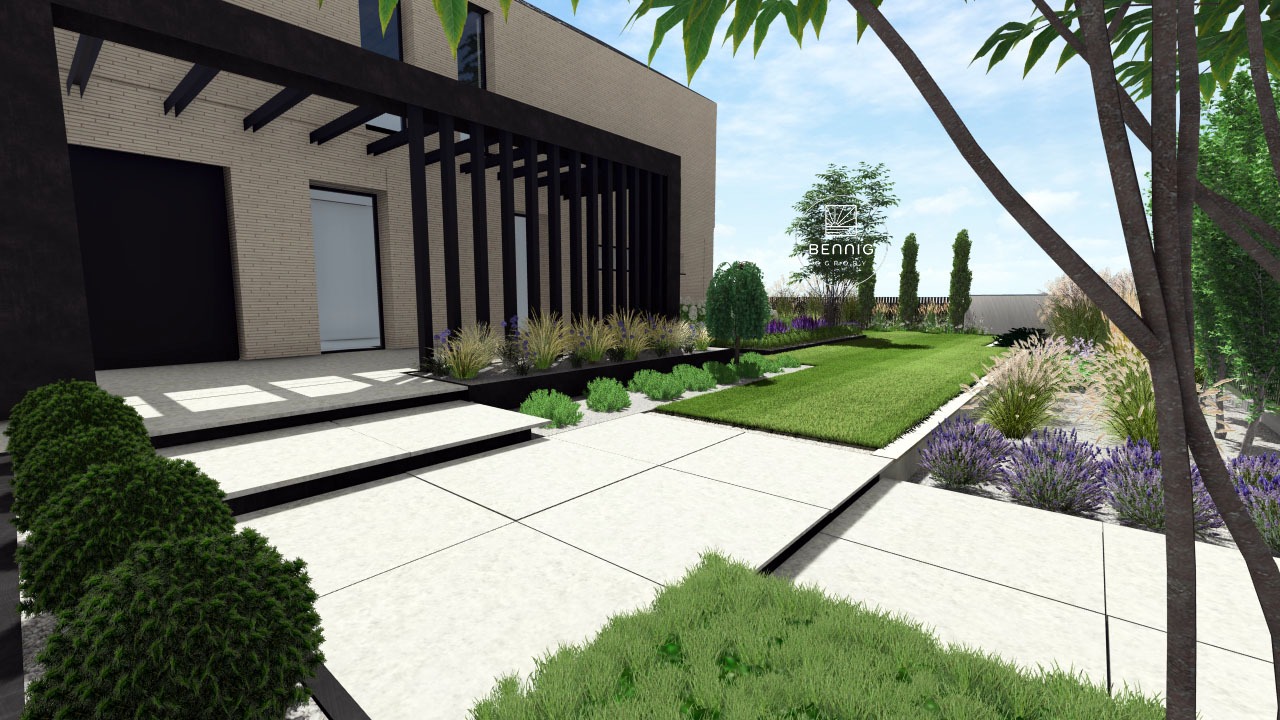 Wizualizacja ogrodu przy nowoczesnym domu z pergolą, trawnikiem, rabatami z lawendy i ozdobnych traw. Biała kostka brukowa tworzy ścieżki.